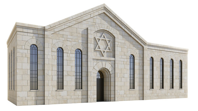 Stone synagogue with Star of David emblem and arched windows, isolated on transparent background