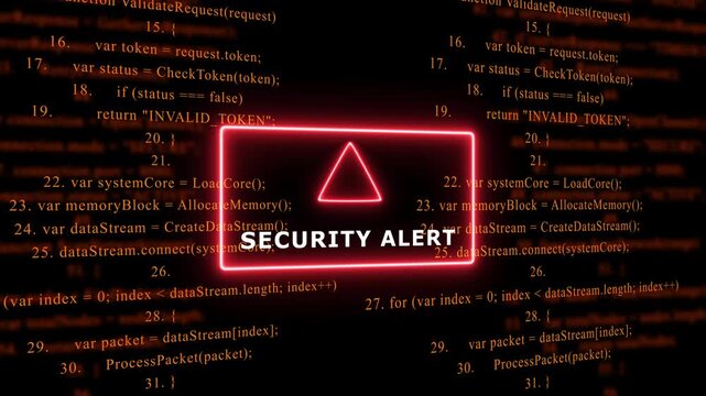 Red Exclamation Mark Warning Symbol SECURITY ALERT. warning sign over abstract software programming code background, for cyber security and, tech concepts, 4k animation video