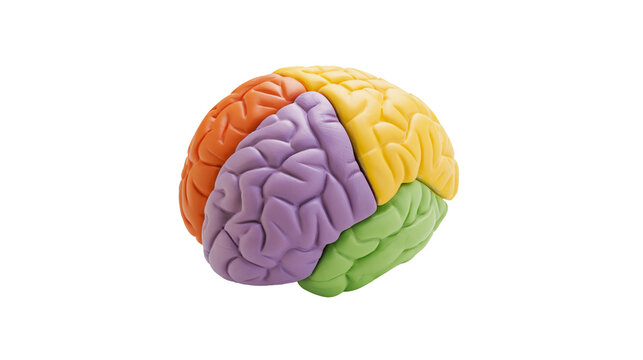 Colorful segmented brain model, isolated on transparent background