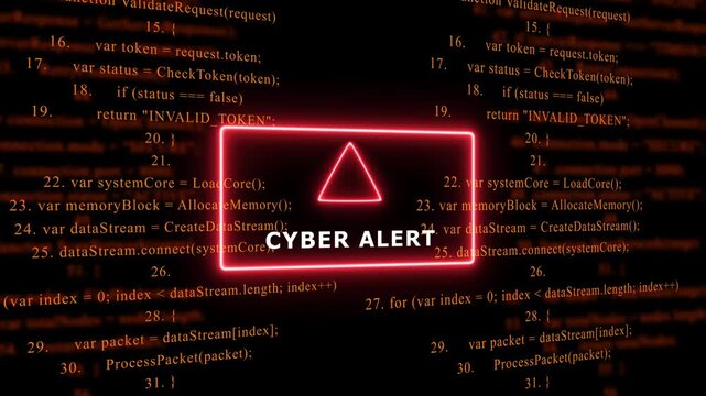 Red Exclamation Mark Warning Symbol CYBER ALERT. warning sign over abstract software programming code background, for cyber security and, tech concepts, 4k animation video
