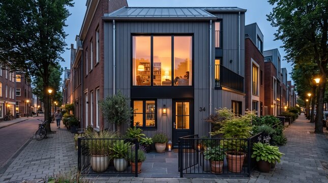 Contemporary Dutch townhouse with a striking modern facade and large windows, set in a tree-lined street at dusk