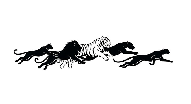 Silhouette of running wild cats including lion tiger and panthers