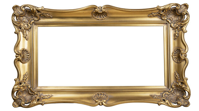 Ornate golden baroque picture frame with shell motifs, isolated on transparent background