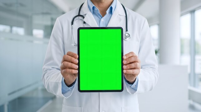 Cropped view of a male doctor holding a vertical green screen tablet in a modern hospital