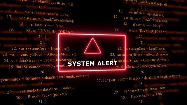 Red Exclamation Mark Warning Symbol SYSTEM ALERT. warning sign over abstract software programming code background, for cyber security and, tech concepts, 4k animation video