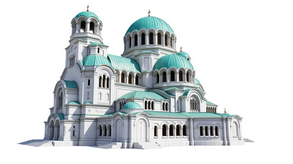 Grand orthodox cathedral with teal domes and white stone facade, isolated on transparent background © Piotr