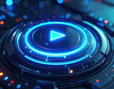 Futuristic digital interface with a glowing blue play button at its center.