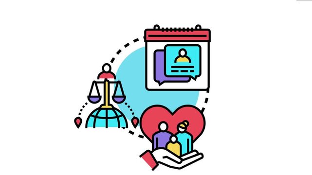 Adoption process symbolizing legal finalization by court, connecting a new family, providing child care, and establishing happy legal parenting with support