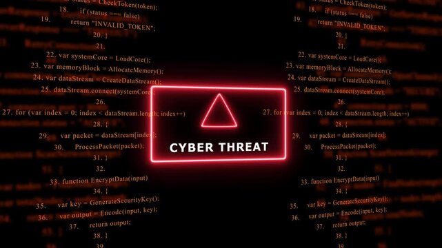 Red Exclamation Mark Warning Symbol CYBER THREAT. warning sign over abstract software programming code background, for cyber security and, tech concepts, 4k animation video