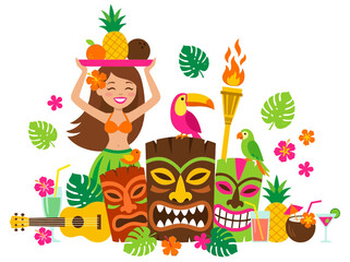 Tropical Hawaiian Luau Party Vector Set with Tiki Masks, Hula Girl, and Exotic Birds © Ozel
