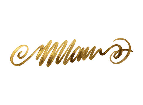 Elegant gold cursive calligraphy script lettering of the word mom with a shiny metallic texture and decorative swirls isolated on transparent background