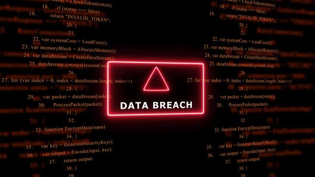 Red Exclamation Mark Warning Symbol DATA BREACH. warning sign over abstract software programming code background, for cyber security and, tech concepts, 4k animation video