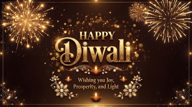 Happy diwali greeting card with golden text, fireworks, and glowing oil lamps on a dark background