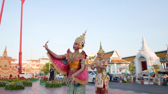 Traditional Thai Manohra Dancers Perform Classical Dance at Wat Suthat Temple