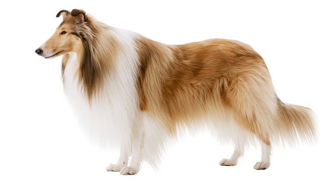 Majestic sable and white rough collie dog standing, isolated on transparent background