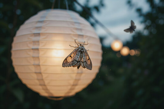 Moths flying around a glowing round paper lantern hanging in a garden at twilight with a dark blurred background, of trees and, soft ambient light