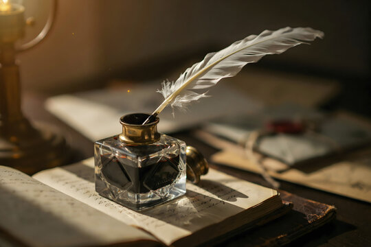 Old open book with handwritten text, a glass inkwell, and a white feather quill pen on a dark wooden table in a dimly lit study environment