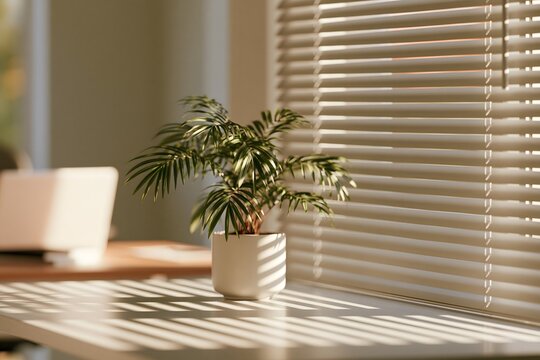 Gr&uuml;ne Zimmerpflanze im Sonnenlicht vor weissen Fensterjalousien