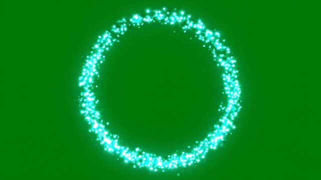Glow particles forming a luminous ring on a green screen background for chroma key compositing in digital video projects with a circular motion and vibrant light effect