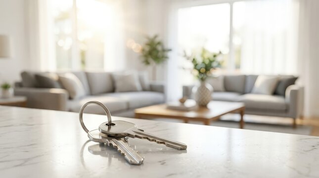 House keys on a marble countertop in a bright modern living room interior