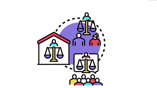 Legal professionals and scales of justice illustrate the completed journey of adoption, bringing a child into a new family unit and integrating them within society