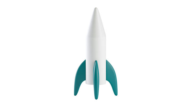White and teal rocket ship with three fins, isolated on transparent background