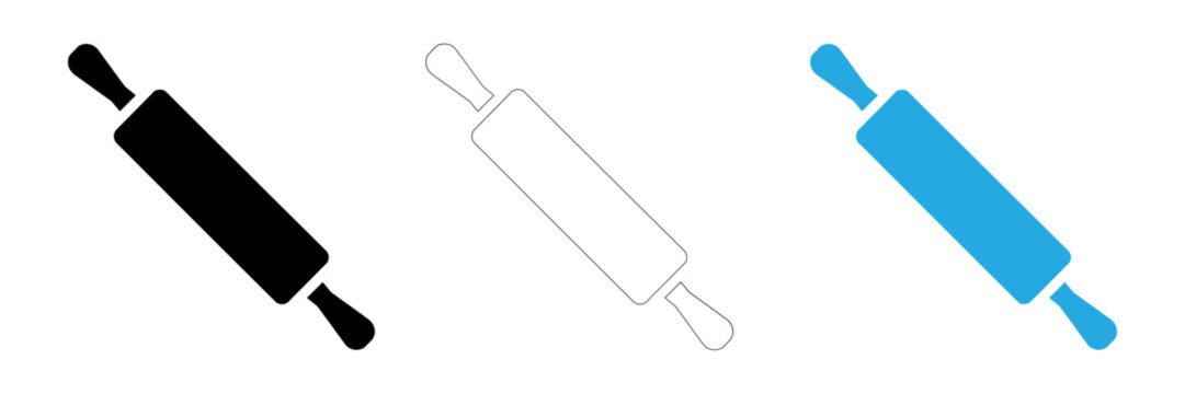 Set of rolling pin icons in solid black outline and blue flat styles for kitchen and bakery design