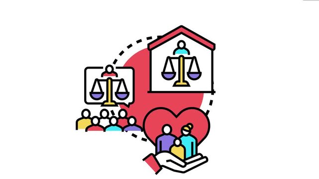 Adoption finalization concept showing the legal process, from court proceedings and justice involvement to a new family receiving care and support, symbolizing new beginnings and parenthood