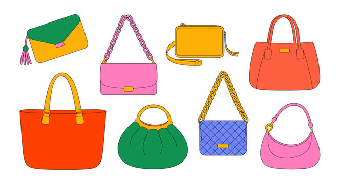 Flat vector illustration set of trendy modern women fashion handbags purses totes and shoulder bags isolated on a white background