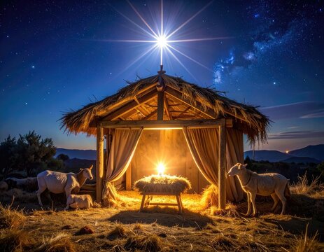A nativity scene illuminated by the Star of Bethlehem on a clear night.