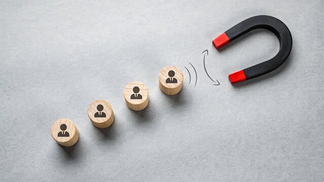Magnet attracting wooden figures to represent influence, leadership and business recruitment