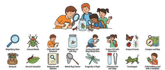 Children Exploring Nature with Magnifying Glass and Net