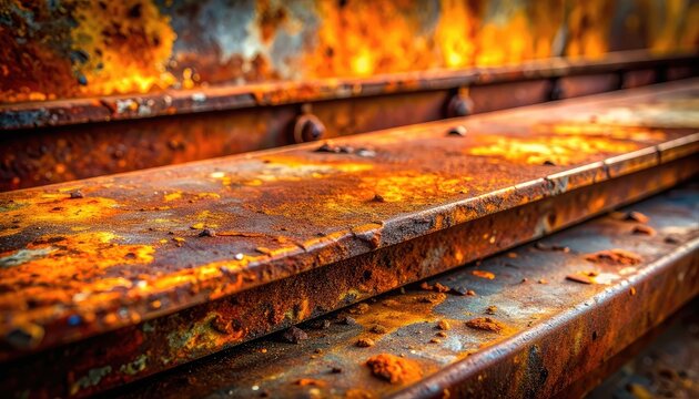 Close-up of heavily rusted metal surfaces in warm tones.