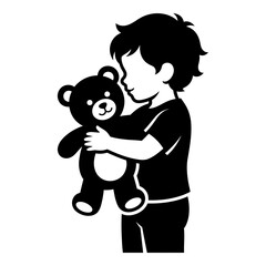 Boy holding black teddy bear tight in his arms lovingly