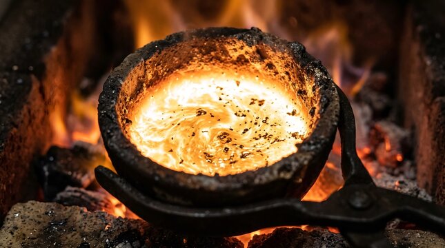 Molten metal glowing in a crucible held by tongs over a fiery forge.