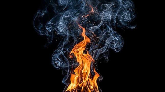 Bright orange fire flames with swirling grey smoke isolated on a solid black background