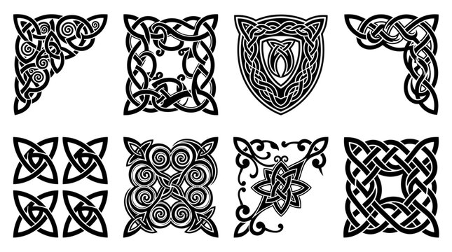 Set of intricate black and white Celtic knotwork designs for decorative borders and frames.