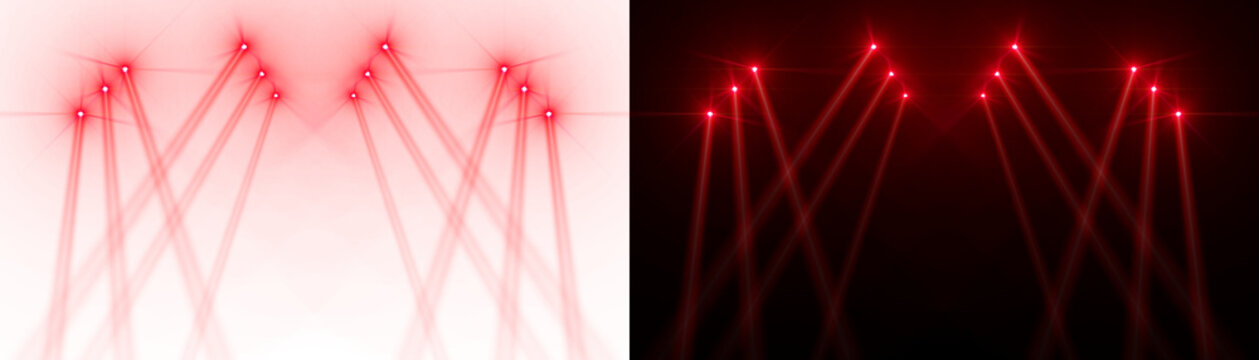 Spotlight beams red lighting lens flare shining on concert stage on transparent background. VFX design, theatre stage poster, party, music event, e-sports