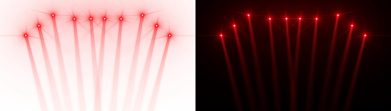 Spotlight beams red lighting lens flare shining on concert stage on transparent background. VFX design, theatre stage poster, party, music event, e-sports