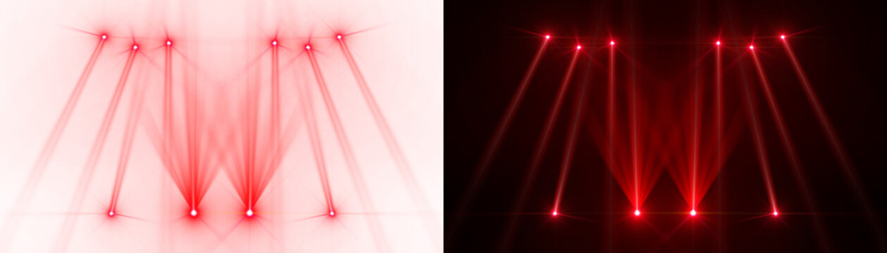 Spotlight beams red lighting lens flare shining on concert stage on transparent background. VFX design, theatre stage poster, party, music event, e-sports