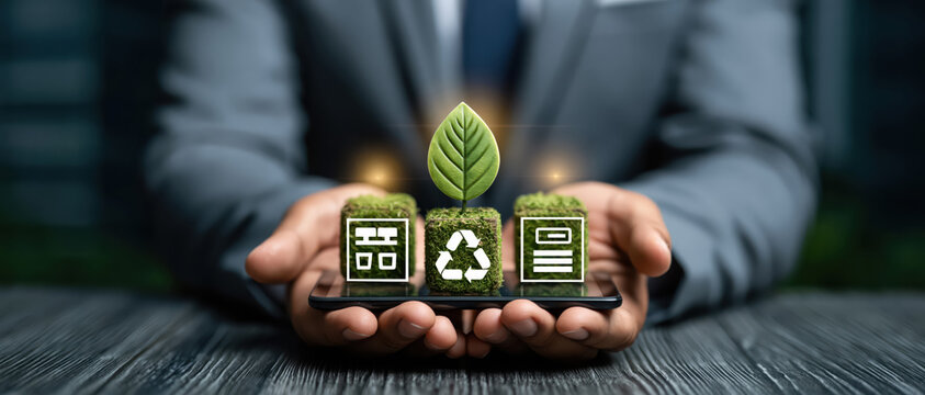 Businessman hands holding smartphone with green recycle icon and leaf symbol for sustainability concept