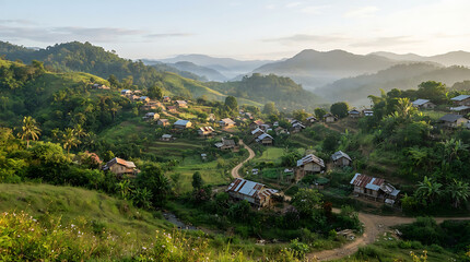 Obraz premium Small village nestled in lush green hills with misty mountains at sunrise landscape view.