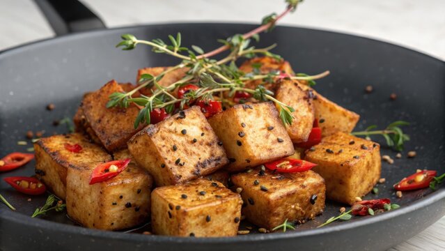 Crispy Pan Seared Tofu Cubes With Black Pepper and Herbs