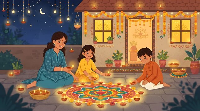 Indian mother and children celebrating diwali, placing diyas around a colorful rangoli on the courtyard floor of their traditional home