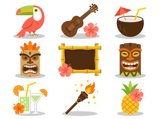 Tropical Tiki Party Vector Icon Set with Toucan, Ukulele, Cocktails, and Tribal Masks © Dimas