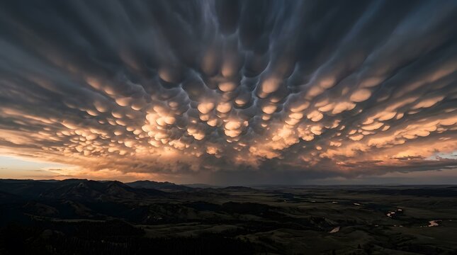 Dramatic Mammatus Clouds at Sunset Over Expansive Landscape.