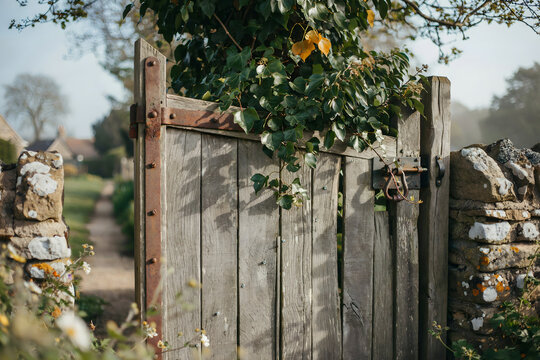 Weathered wooden gate with metal latch and hinges covered in green ivy leaves set in a stone wall on a sunny autumn afternoon day