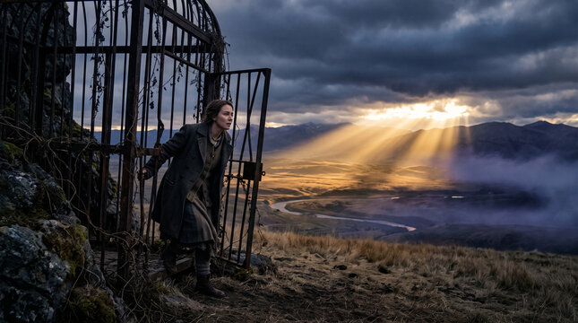 Woman escaping cage towards sunbeams in cinematic mountain landscape