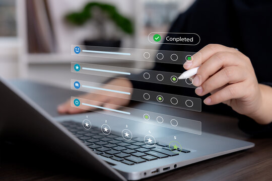Customer satisfaction survey with rating scale, feedback questions and completed response, representing service evaluation, user experience, quality measurement and improvement.
