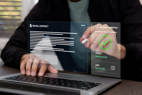 Digital contract signing with electronic signature, approval status and verification, representing secure agreement, document authorization and paperless business workflow.
